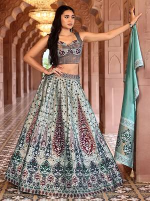 Sea Green Faux Kanjivaram silk blend Weaving Lehenga Choli 1