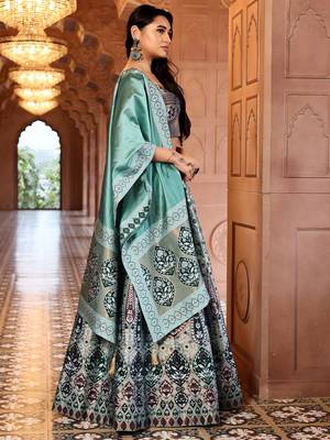 Sea Green Faux Kanjivaram silk blend Weaving Lehenga Choli 2