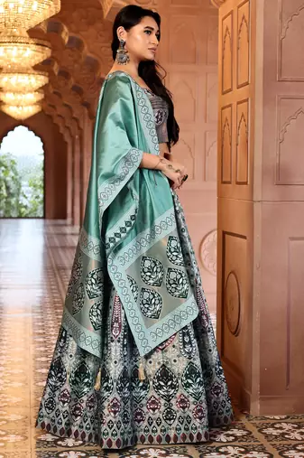 Sea Green Faux Kanjivaram silk blend Weaving Lehenga Choli