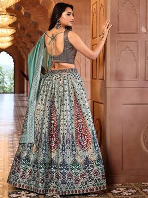 Sea Green Faux Kanjivaram silk blend Weaving Lehenga Choli 3