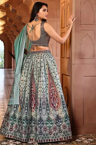 Sea Green Faux Kanjivaram silk blend Weaving Lehenga Choli