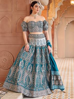 Teal Faux Kanjivaram Silk Blend Weaving Lehenga Choli 1