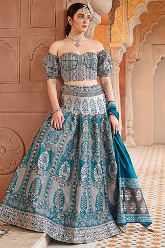 Teal Faux Kanjivaram Silk Weaving Lehenga Choli