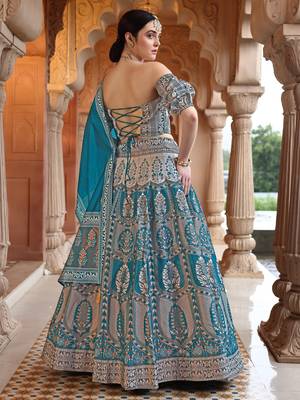 Teal Faux Kanjivaram Silk Blend Weaving Lehenga Choli 2