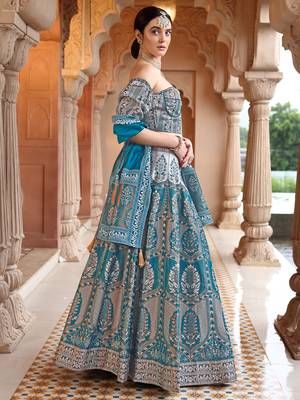 Teal Faux Kanjivaram Silk Blend Weaving Lehenga Choli 3