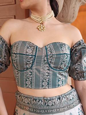 Teal Faux Kanjivaram Silk Blend Weaving Lehenga Choli 4