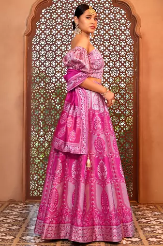 Pink Faux Kanjivaram silk blend Weaving Lehenga Choli