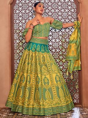 lime Yellow Faux Kanjivaram silk blend Weaving Lehenga Choli 1