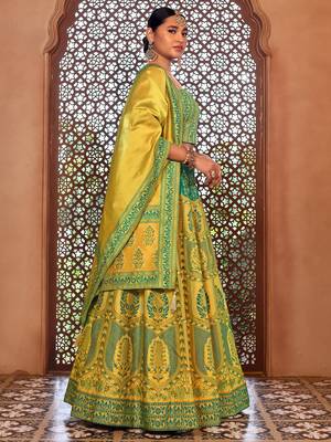 lime Yellow Faux Kanjivaram silk blend Weaving Lehenga Choli 2
