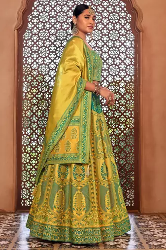 lime Yellow Faux Kanjivaram silk blend Weaving Lehenga Choli