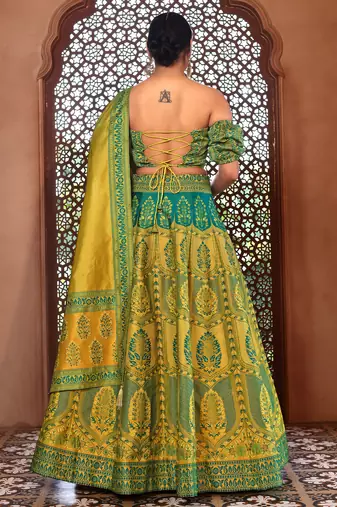 lime Yellow Faux Kanjivaram silk blend Weaving Lehenga Choli