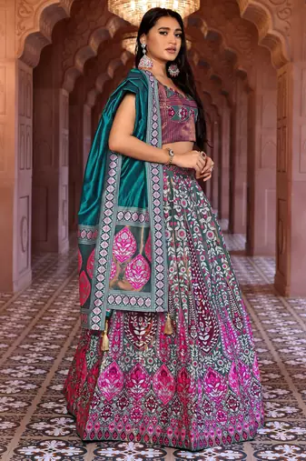 Teal Faux Kanjivaram silk blend Weaving Lehenga Choli