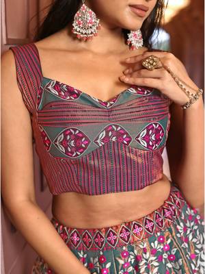 Teal Faux Kanjivaram silk blend Weaving Lehenga Choli 4