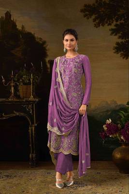Purple embroidered silk blend salwar suit 1