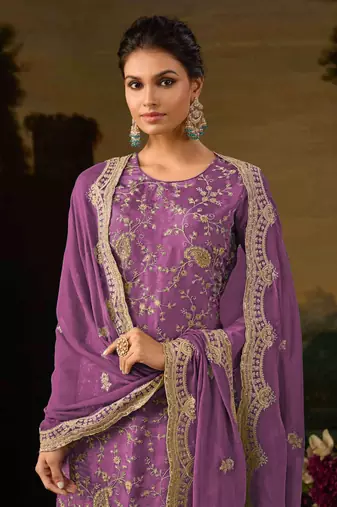 Purple embroidered silk blend salwar suit