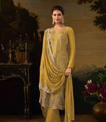 Yellow embroidered silk semi-pakistani salwar suit