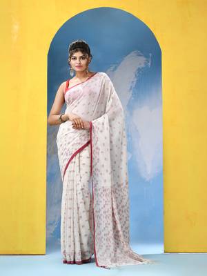 White cotton handloom saree with running blouse piece 1