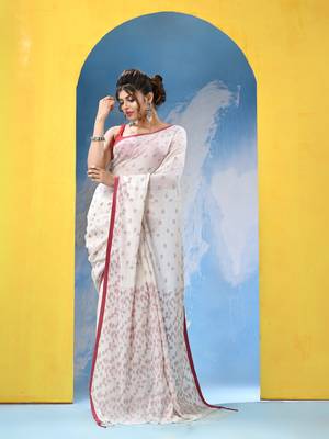 White cotton handloom saree with running blouse piece 2