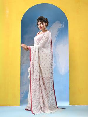 White cotton handloom saree with running blouse piece 3