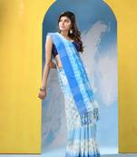 White sky blue cotton handloom saree with running blouse piece