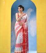 White red cotton handloom saree with running blouse piece