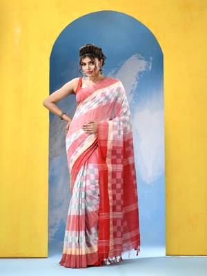 White red cotton handloom saree with running blouse piece 2