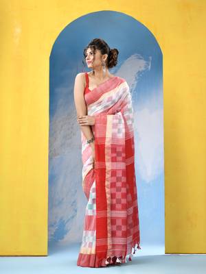 White red cotton handloom saree with running blouse piece 3