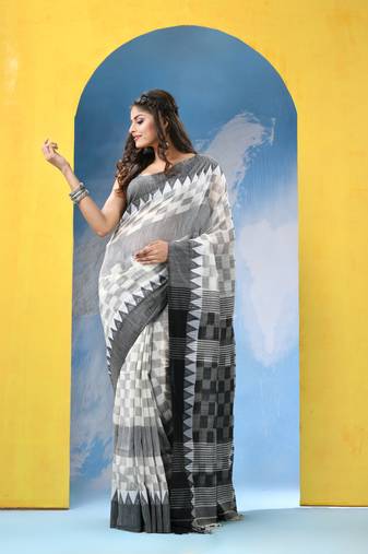 White black cotton handloom saree with running blouse piece