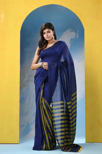 Blue cotton handloom saree with running blouse piece