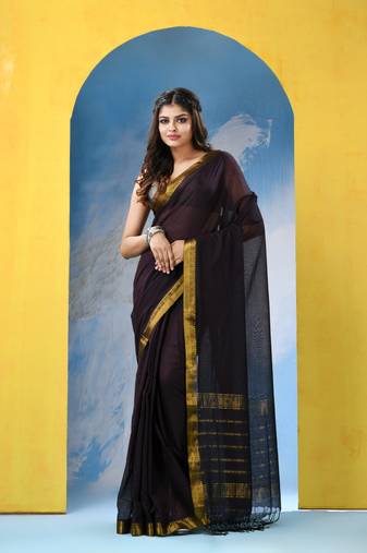 Taupe chocolate cotton handloom saree