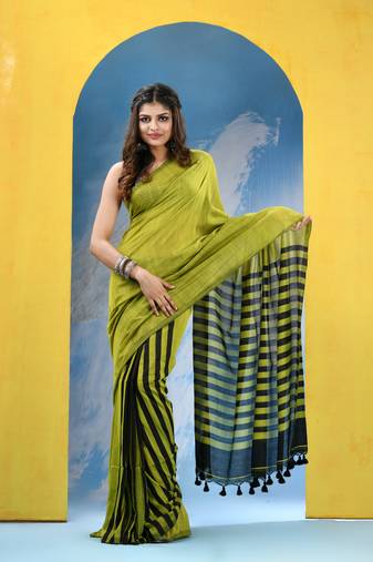 Lemon cotton handloom saree with running blouse piece