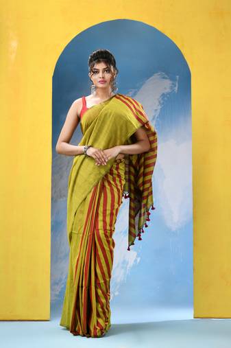 Lime green cotton handloom saree with running blouse piece