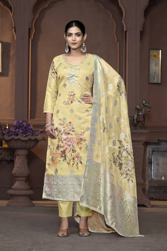 Women's beige unstitched handwork banarasi dupatta viscose organza dress material 
