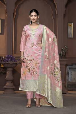 Women's peach handwork banarasi dupatta viscose organza dress material 1