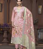 Women's peach unstitched handwork banarasi dupatta viscose organza dress material