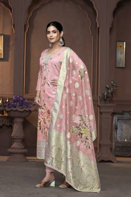 Women's peach handwork banarasi dupatta viscose organza dress material 2