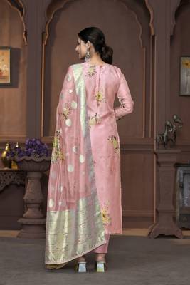 Women's peach handwork banarasi dupatta viscose organza dress material 3
