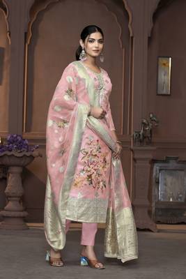 Women's peach handwork banarasi dupatta viscose organza dress material 4
