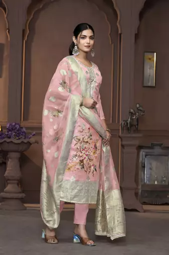 Women's peach handwork banarasi dupatta viscose organza dress material