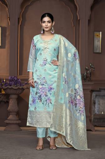 Women's sea green unstitched handwork banarasi viscose organza dress material 