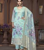 Women's sea green unstitched handwork banarasi viscose organza dress material 