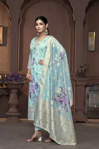 Women's sea green unstitched handwork banarasi viscose organza dress material 
