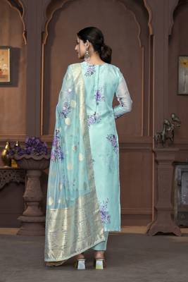 Women's sea green unstitched handwork banarasi viscose organza dress material  3