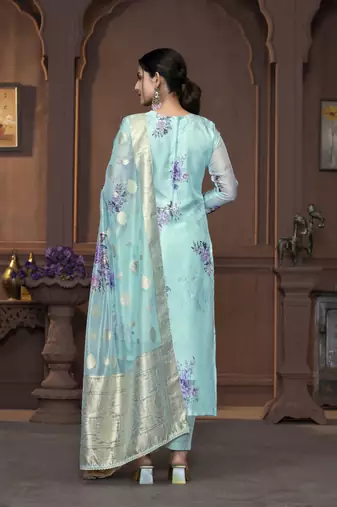 Women's sea green unstitched handwork banarasi viscose organza dress material 