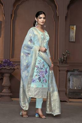 Women's sea green unstitched handwork banarasi viscose organza dress material  4
