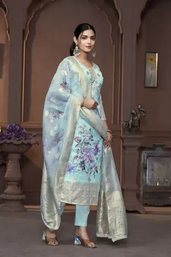 Women's sea green unstitched handwork banarasi viscose organza dress material 