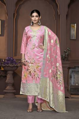 Women's pink handwork banarasi dupatta viscose organza dress material 1
