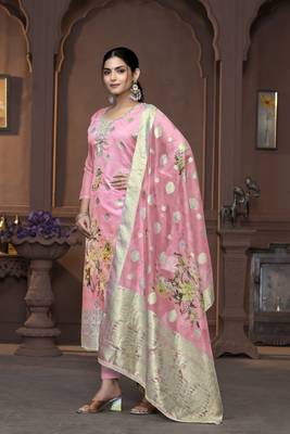 Women's pink handwork banarasi dupatta viscose organza dress material 2