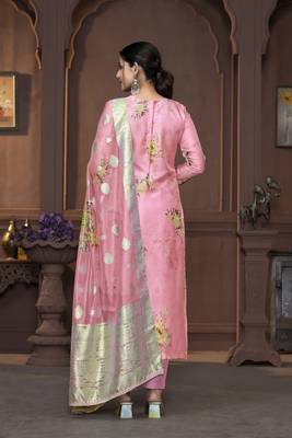 Women's pink handwork banarasi dupatta viscose organza dress material 3