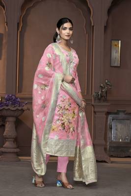 Women's pink handwork banarasi dupatta viscose organza dress material 4